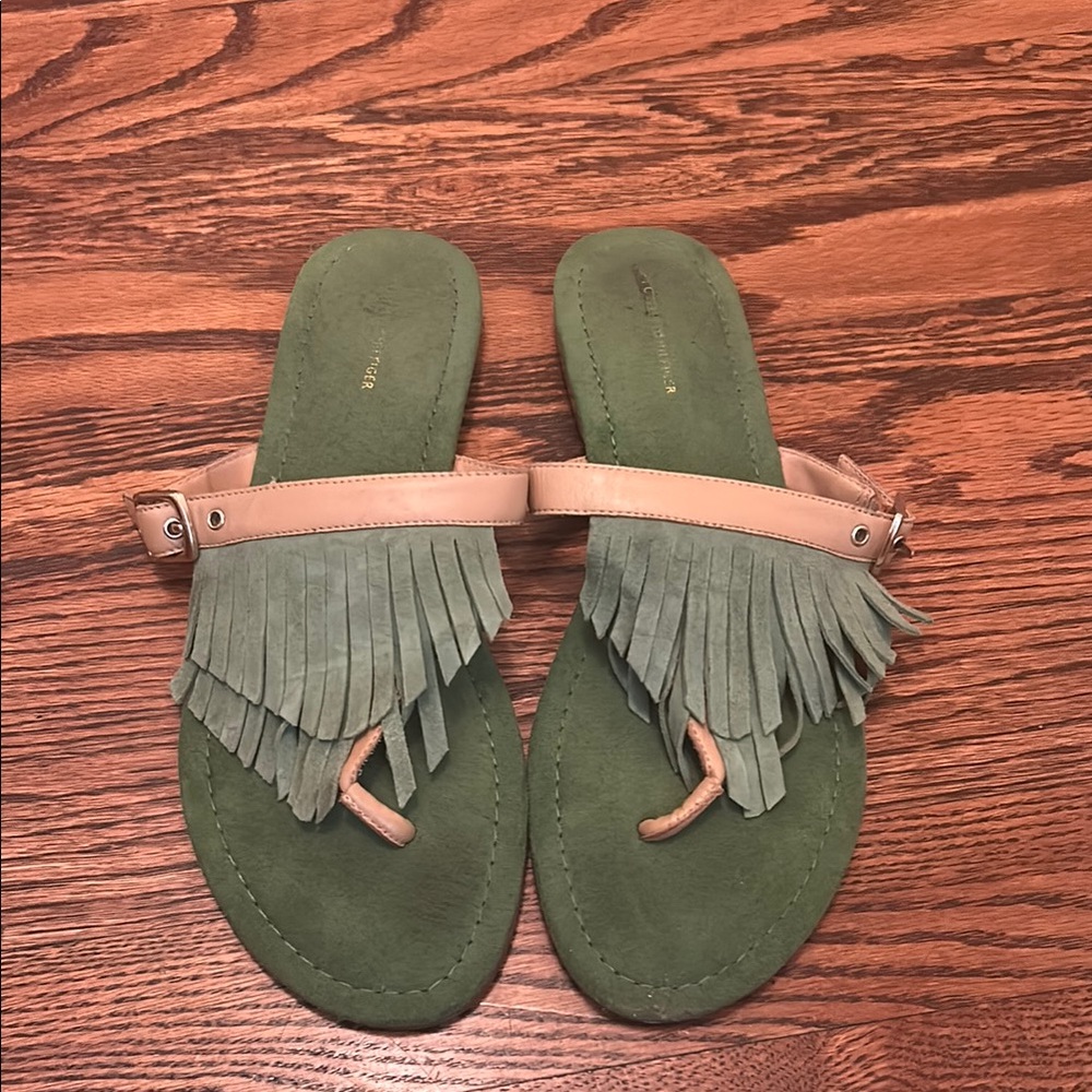 Tommy Hilfiger Green and Tan Fringe Sandals